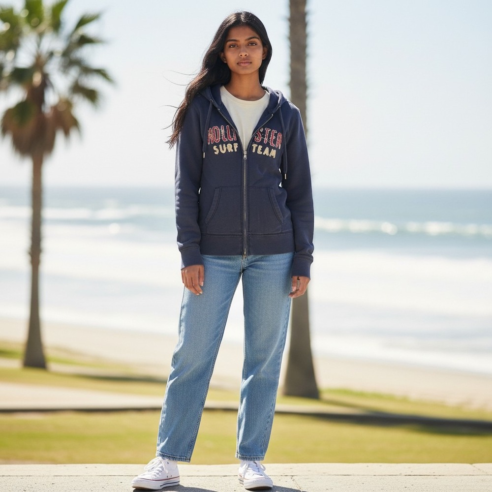 Vintage Y2K Hollister Surf Team Hoodie Womens Large Navy Blue Distressed Zip Up